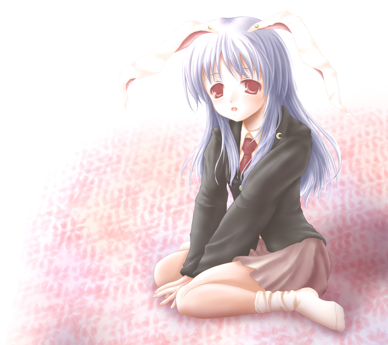 animal_ears bunny_ears lavender_hair long_hair long_sleeves nabe_(violetwave) necktie open_mouth red_eyes reisen_udongein_inaba skirt socks solo touhou