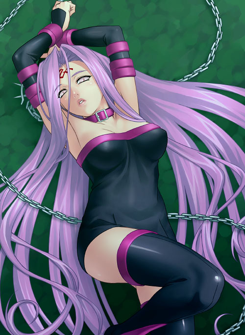 armpits arms_up black_legwear chain collar dress fate/stay_night fate_(series) lips long_hair looking_at_viewer nameless_dagger parted_lips purple_hair rider solo strapless strapless_dress thighhighs very_long_hair zen
