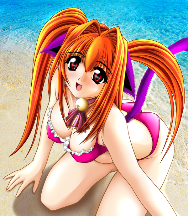 animal_ears beach bell bikini breasts cat_ears cat_tail day ears_down eyebrows_visible_through_hair from_above hair_intakes kneeling large_breasts long_hair open_mouth original outdoors photo_background pink_bikini red_eyes red_hair shiruru solo swimsuit tail tomoya_kankurou twintails