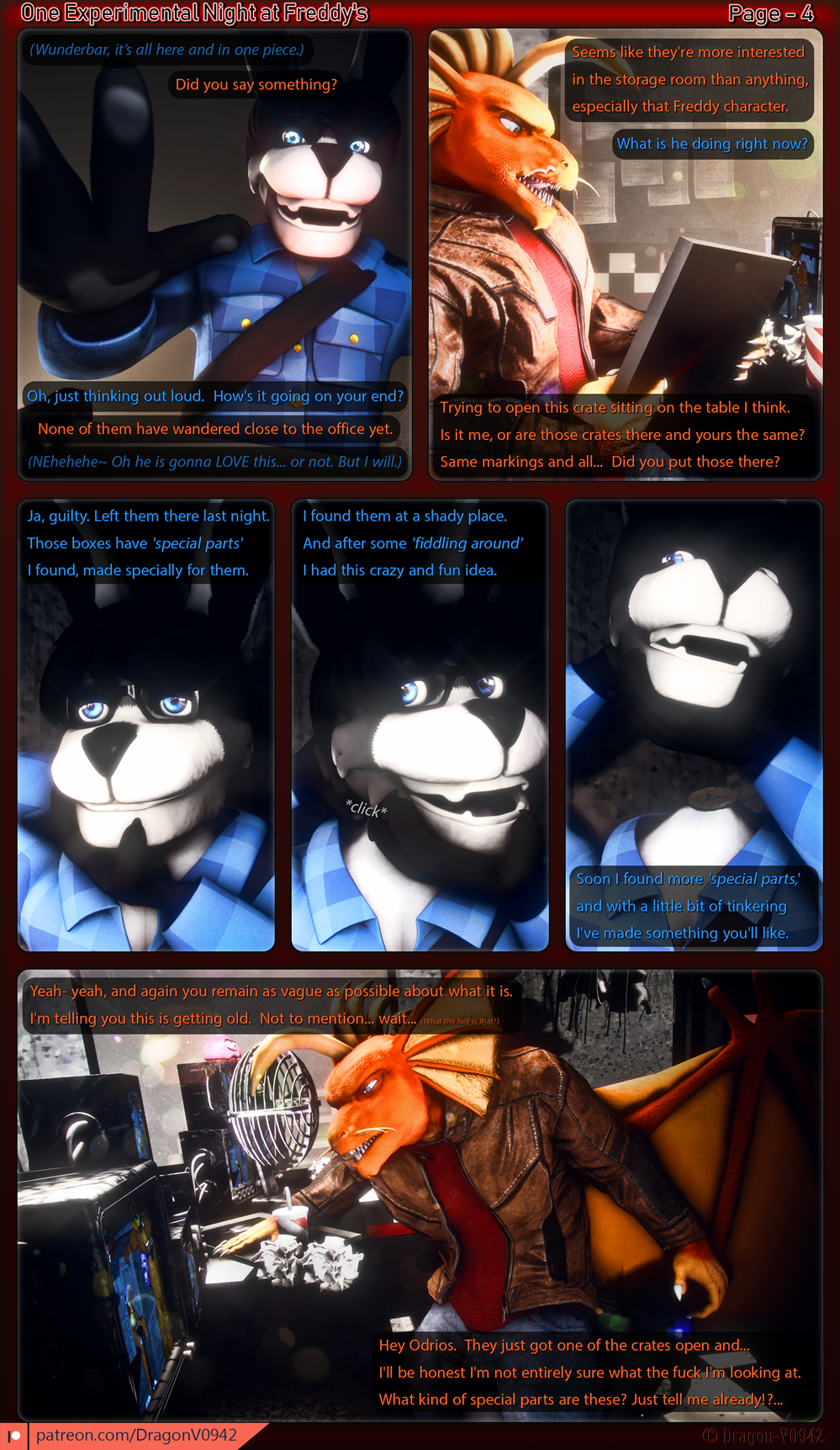 2018 3d_(artwork) animatronic anthro bloom box breasts camera chair comic detachable detachable_head dialogue digital_media_(artwork) dragon dragon-v0942 english_text fan_(disambiguation) five_nights_at_freddy's freddy_(fnaf) german_text inside lagomorph machine male mammal mathew_kelly monitor odrios patreon robot robot_parts scalie security_camera smile source_filmmaker surveillance_camera tablet text video_games wings