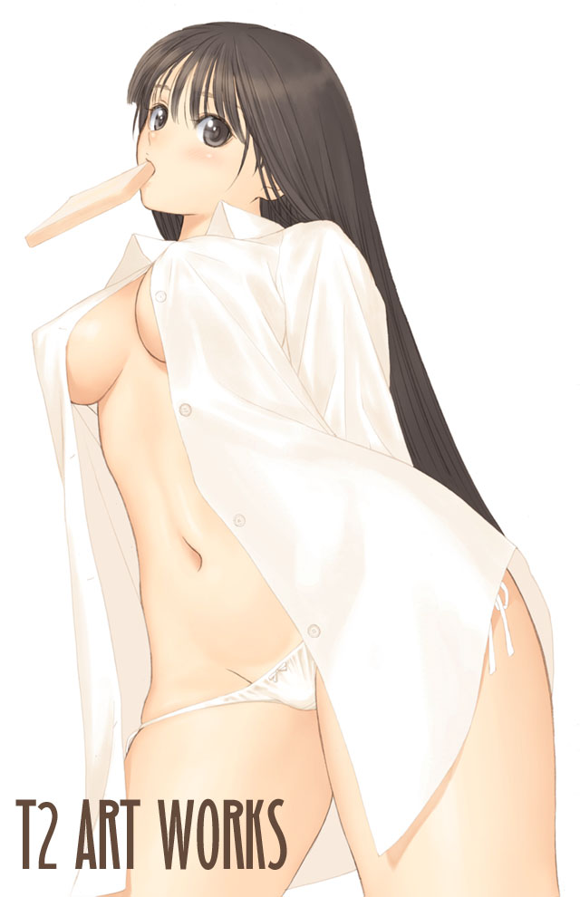 bow bow_panties breasts copyright_request food food_in_mouth long_hair long_sleeves lowleg lowleg_panties medium_breasts mouth_hold navel no_bra no_pants open_clothes open_shirt panties shirt side-tie_panties solo standing tanaka_takayuki toast toast_in_mouth underwear white_panties