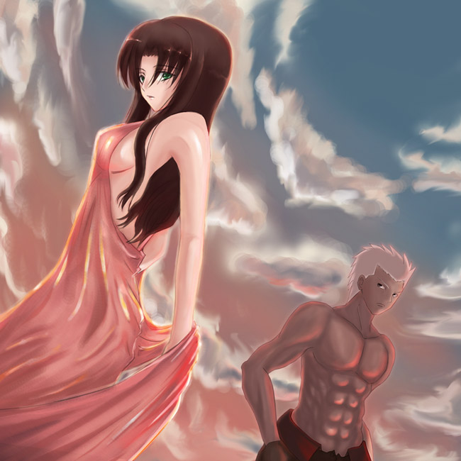 1girl abs archer artist_request backless_dress backless_outfit breasts brown_hair dark_skin dark_skinned_male dress dutch_angle fate/stay_night fate_(series) hands_in_pockets long_hair looking_down medium_breasts outdoors short_hair sideboob silver_hair sky sunset toosaka_rin topless