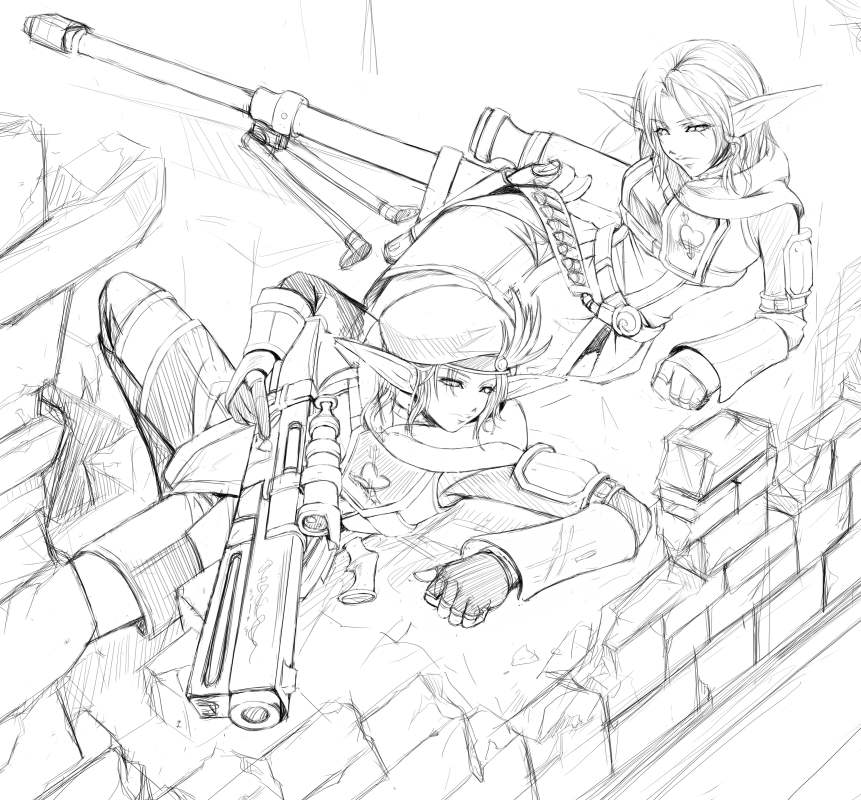 artist_request assault_rifle commando elf elvaan final_fantasy final_fantasy_xi greyscale gun monochrome multiple_girls pointy_ears ranger rifle sniper sniper_rifle weapon