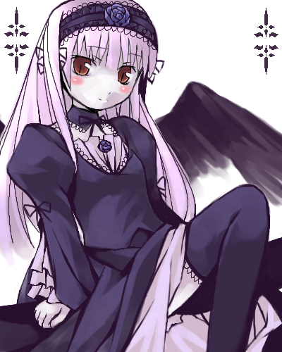 blush long_hair long_sleeves lowres nu_(plastic_eraser) pale_skin purple_hair red_eyes rozen_maiden solo suigintou