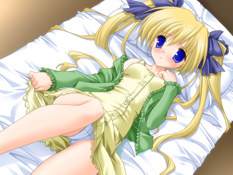 artist_request bed blonde_hair blue_eyes game_cg jacket long_hair long_sleeves lying lysithea mahou_shoujo_twinkle on_back panties skirt solo twintails underwear white_panties yellow_skirt