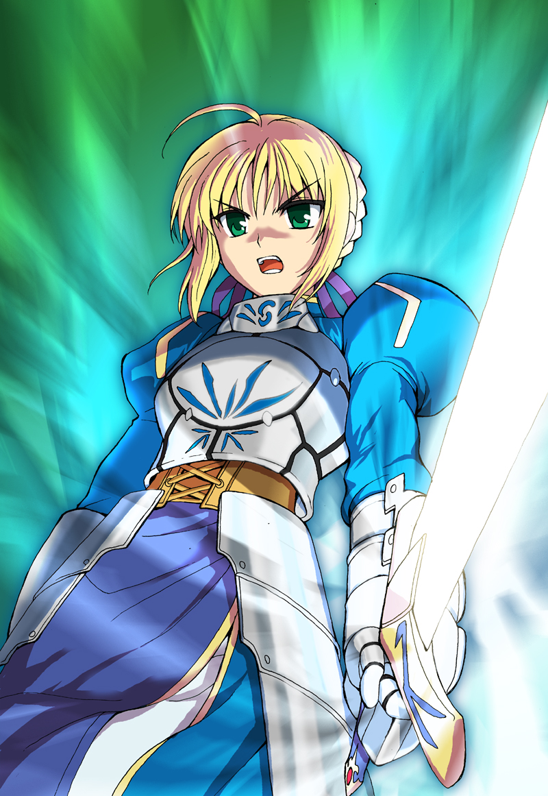 armor armored_dress artoria_pendragon_(all) blonde_hair dress excalibur fate/stay_night fate_(series) g-tetsu glowing glowing_sword glowing_weapon green_eyes long_sleeves puffy_sleeves saber solo sword weapon