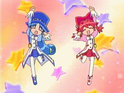 =_= animated animated_gif arms_up blush boots closed_eyes dancing fine fushigiboshi_no_futago_hime happy hat leg_lift long_hair lowres multiple_girls pantyhose ponytail red_skirt rein short_hair skirt star starry_background top_hat twintails very_long_hair white_legwear