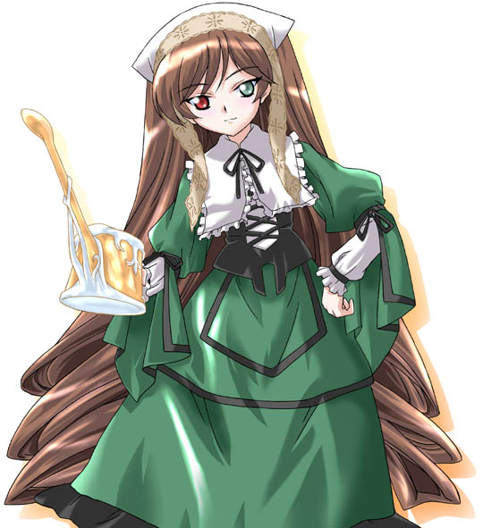 black_neckwear black_ribbon bonnet brown_hair dress green_dress green_eyes hand_on_hip heterochromia holding long_hair long_sleeves looking_at_viewer mikage_nao neck_ribbon red_eyes ribbon rozen_maiden simple_background solo suiseiseki very_long_hair watering_can white_background