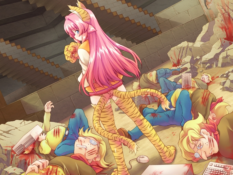 animal_ears animal_print blonde_hair blood blue_eyes cat_ears computer freckles galzoo_island game_cg glasses guro hagiya_masakage jacket keyboard_(computer) long_hair looking_back multiple_tails nekomata nekomatamata paws pink_hair scratches solo tail thighhighs tiger_print tongue two_tails