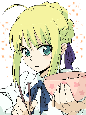 artoria_pendragon_(all) blonde_hair blouse bowl chopsticks fate/stay_night fate_(series) foreshortening green_eyes hands imo_(suruga) long_sleeves lowres oekaki rice rice_bowl saber serious solo