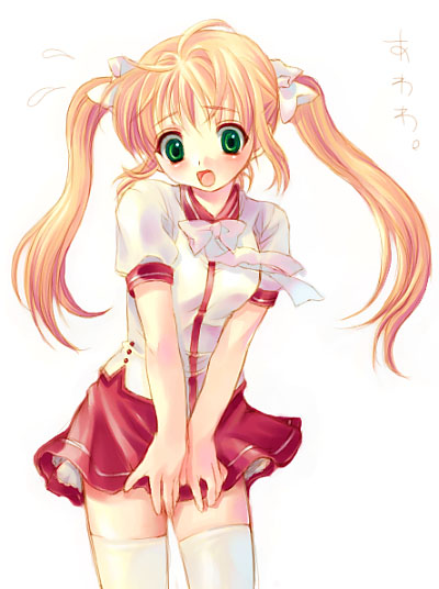 artist_request blonde_hair copyright_request green_eyes long_hair red_hair school_uniform solo thighhighs twintails