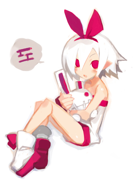 :d bare_shoulders blush bunny disgaea dress full_body harada_takehito holding looking_at_viewer open_mouth original parted_lips pleinair pointy_ears robot short_hair simple_background sitting smile solo speech_bubble strapless strapless_dress usagi-san white_background white_hair