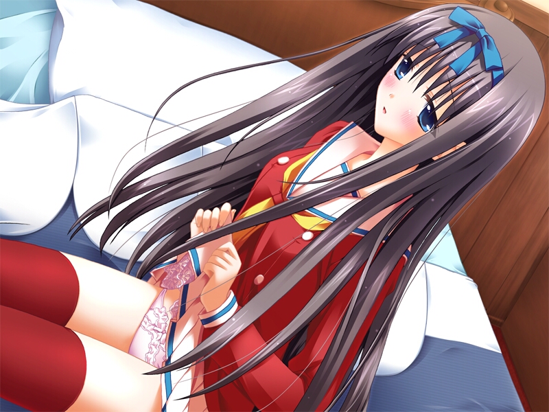 bed game_cg hair_ribbon long_sleeves mochizuki_tsukasa ojousama_kumikyoku panties pink_panties red_legwear ribbon skirt skirt_lift solo tatsumi_neon thighhighs underwear