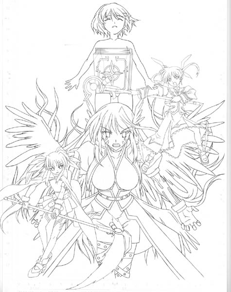 arm_belt armor bardiche belt book cape closed_eyes eyebrows eyebrows_visible_through_hair facepaint fate_testarossa fingerless_gloves gloves greyscale hair_ornament hair_ribbon holding holding_weapon jacket lance leg_belt lineart long_hair looking_at_viewer lyrical_nanoha magazine_(weapon) magical_girl mahou_shoujo_lyrical_nanoha mahou_shoujo_lyrical_nanoha_a's mikage_nao monochrome multiple_girls open_clothes open_jacket polearm pose raising_heart reinforce ribbon rod skirt staff takamachi_nanoha tome_of_the_night_sky too_many_belts twintails very_long_hair waist_cape weapon winged_hair_ornament wings x_hair_ornament yagami_hayate