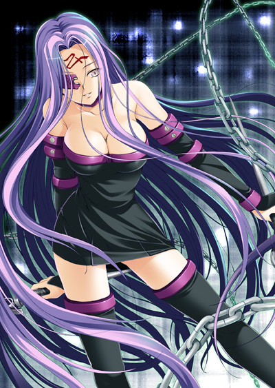 ayakaze_ryuushou bare_shoulders black_dress black_legwear breasts chain dress fate/hollow_ataraxia fate/stay_night fate_(series) large_breasts long_hair nameless_dagger purple_eyes purple_hair rider solo strapless strapless_dress thighhighs very_long_hair