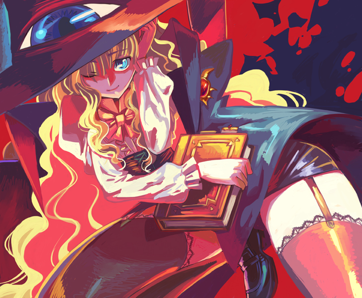 blonde_hair book cape curly_hair hat lilith_(yamibou) long_hair long_sleeves miniskirt omake3213 skirt solo thighhighs witch_hat yami_to_boushi_to_hon_no_tabibito zettai_ryouiki