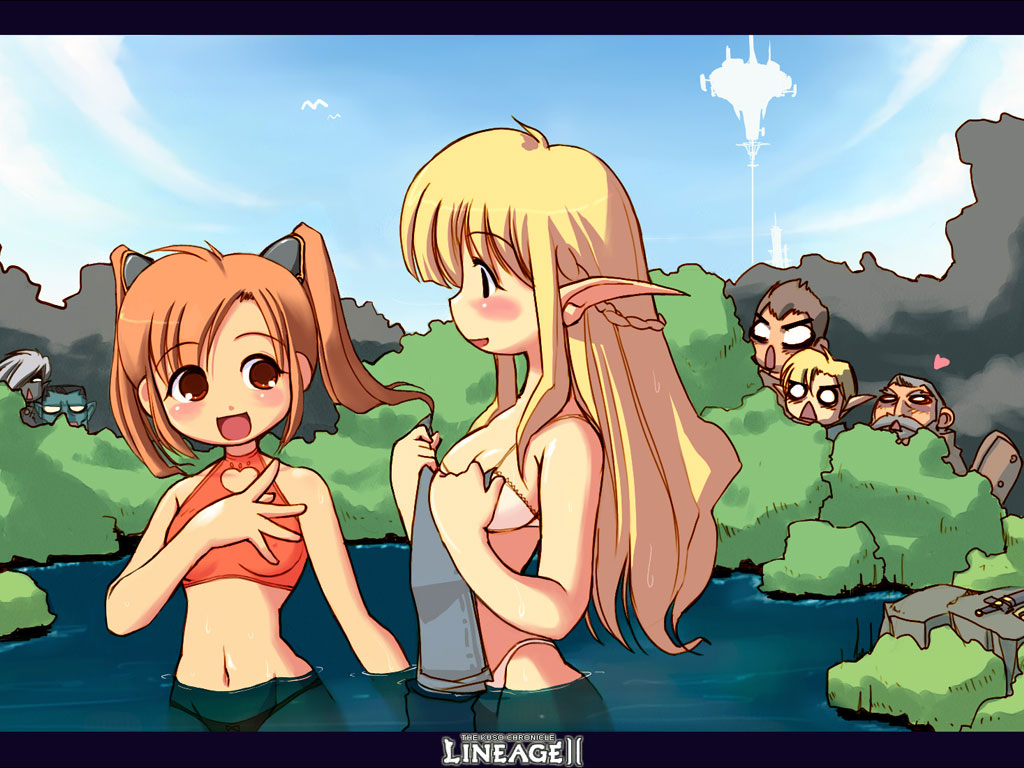 5boys artist_request bath blonde_hair blue_eyes dark_elf_(lineage_2) dwarf_(lineage_2) elf_(lineage_2) human_(lineage_2) lineage lineage_2 long_hair multiple_boys multiple_girls orc_(lineage_2) peeping red_hair towel twintails undressing
