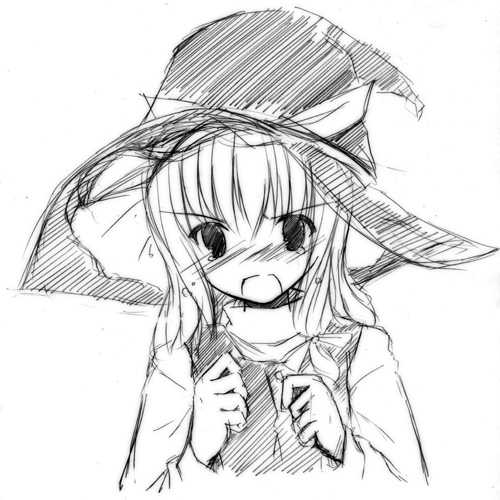 greyscale hat kirisame_marisa long_sleeves lowres monochrome solo takatsuki_tsukasa touhou tsundere witch_hat