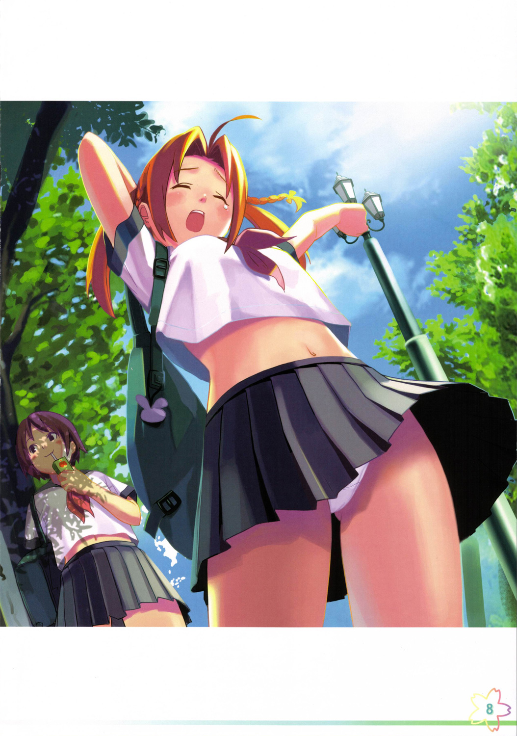 highres koutaro miniskirt multiple_girls original panties pantyshot pantyshot_(standing) red_hair school_uniform serafuku skirt standing stretch twintails underwear upskirt white_panties