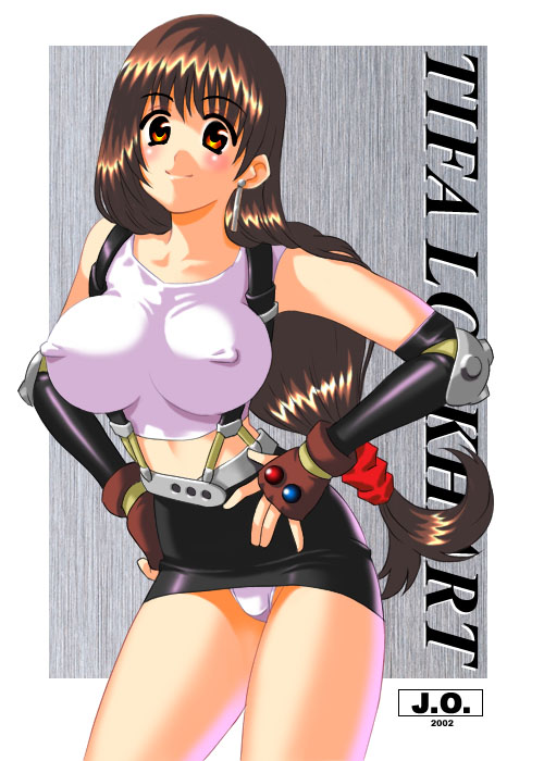 breasts brown_hair character_name covered_nipples final_fantasy final_fantasy_vii hands_on_hips impossible_clothes impossible_shirt jo_area large_breasts long_hair low-tied_long_hair midriff miniskirt panties pantyshot pantyshot_(standing) pencil_skirt shirt skirt solo standing suspender_skirt suspenders tifa_lockhart underwear white_panties