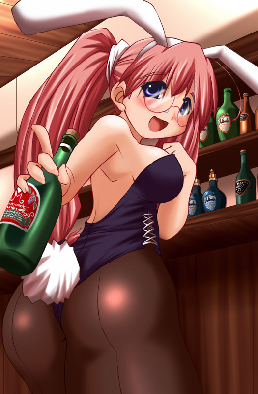 alcohol animal_ears ass bar breasts bunny_ears bunny_girl bunny_tail bunnysuit champagne glasses large_breasts leotard log-mi_(tonpuu) long_hair original pantyhose pink_hair purple_eyes red_hair smile solo tail tonpuu twintails