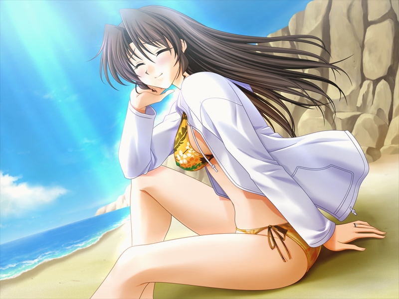 artist_request beach bikini brown_hair closed_eyes day game_cg long_sleeves outdoors sitting solo swimsuit tsuma_mix