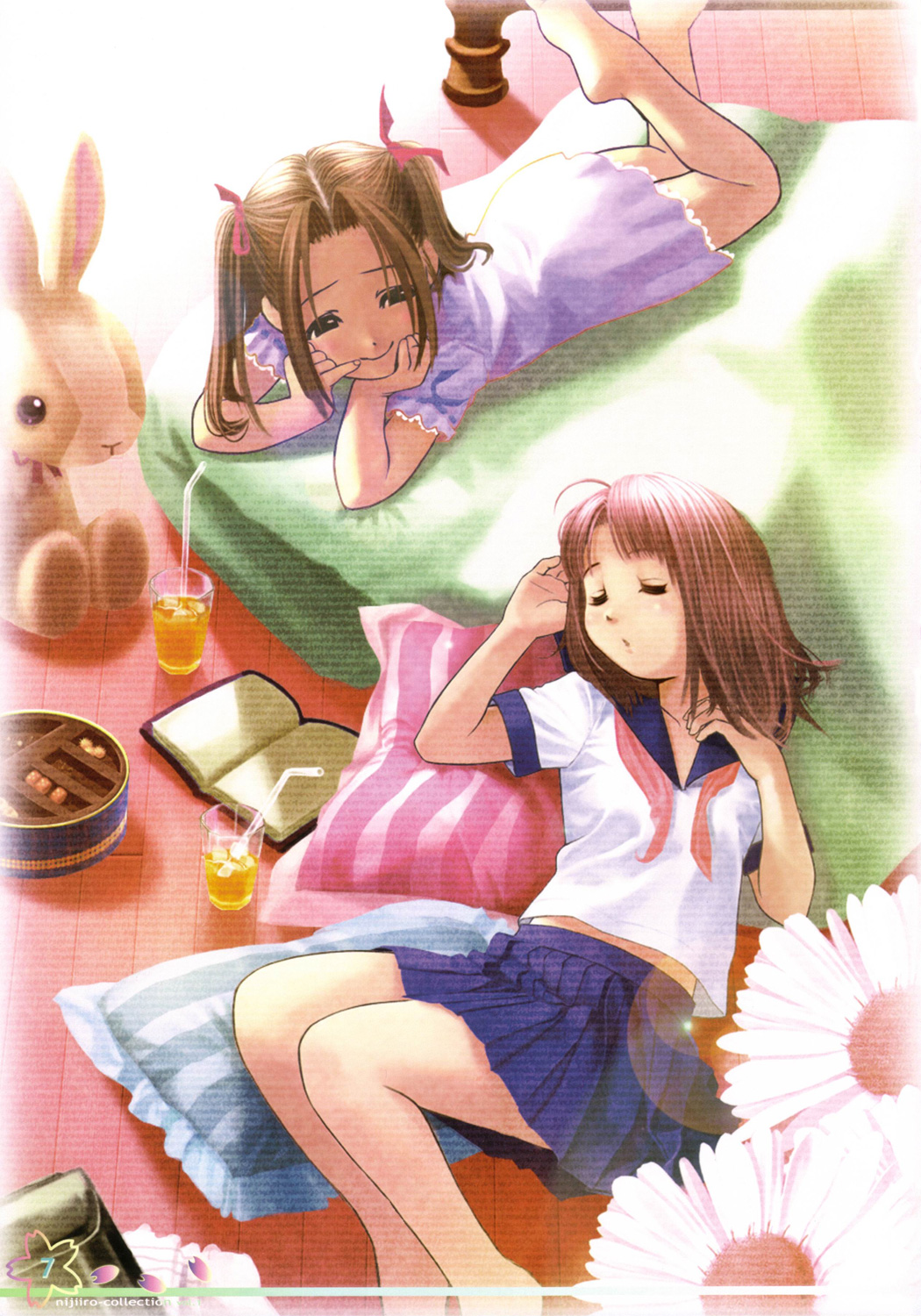 bangs barefoot book brown_hair chin_rest closed_eyes copyright_request dress drink drinking_straw flower glass hair_ribbon half-closed_eyes hand_on_own_face highres indoors koutaro looking_at_another lying multiple_girls on_back on_stomach open_book parted_bangs pillow pleated_skirt ribbon school_uniform serafuku short_sleeves skirt sleeping soles stuffed_animal stuffed_bunny stuffed_toy twintails wooden_floor