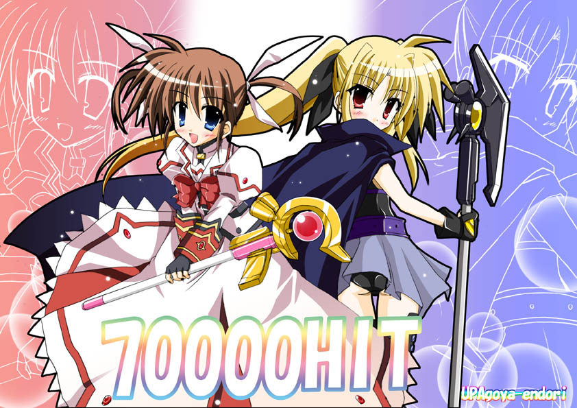 :d alternate_color ass axe bardiche blonde_hair blush bodysuit bow bowtie brown_hair cape color_switch endori fate_testarossa fingerless_gloves gloves hair_ribbon hits holding holding_weapon long_sleeves looking_at_viewer lyrical_nanoha magazine_(weapon) magical_girl mahou_shoujo_lyrical_nanoha multiple_girls open_mouth polearm purple_eyes raising_heart red_bow red_eyes ribbon rod skin_tight smile staff takamachi_nanoha twintails two_side_up wand weapon