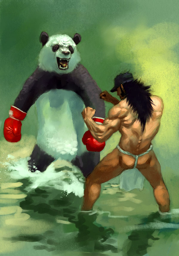 angry animal bad_id battle bear black_hair boxing boxing_gloves denchi duel fundoshi hat japanese_clothes long_hair male_focus manly muscle original panda water what