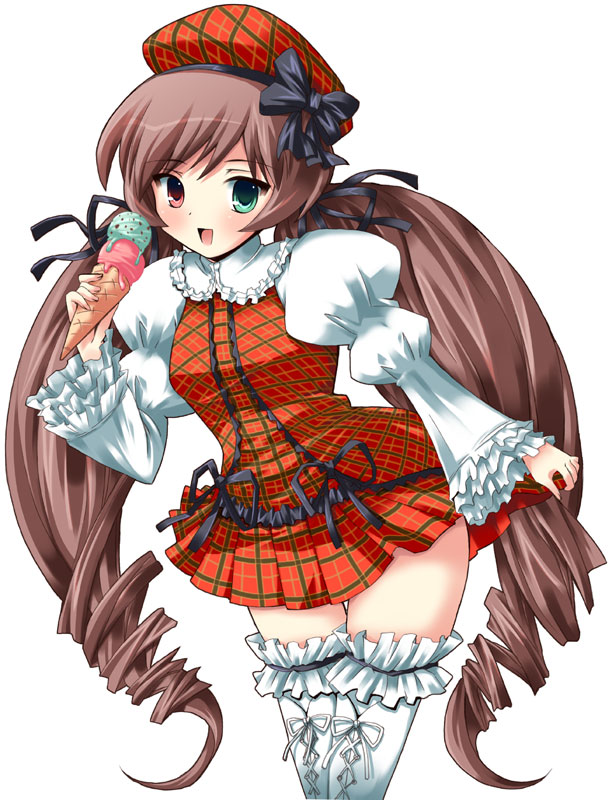 blush brown_hair double_scoop drill_hair food green_eyes hat heterochromia ice_cream ice_cream_cone juliet_sleeves leaning_forward long_hair long_sleeves open_mouth puffy_sleeves red_eyes rozen_maiden shinshin simple_background solo suiseiseki thigh_gap thighhighs twin_drills twintails very_long_hair waffle_cone white_background zettai_ryouiki