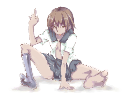 artist_request brown_hair character_request copyright_request lowres middle_finger no_bra open_clothes open_shirt school_uniform shirt short_hair single_sock skirt socks solo tongue