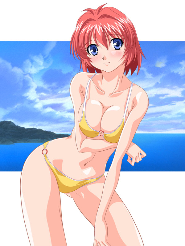 artist_request beach bikini blue_eyes blush breasts cleavage day large_breasts miyafuji_miina onegai_twins red_hair short_hair solo swimsuit
