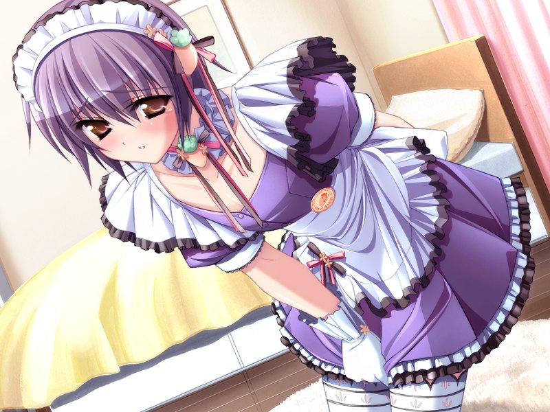 akiyama_naoto bed blush brown_eyes choker cosplay dress game_cg gloves leaning_forward maid male_focus murakami_suigun otoko_no_ko pia_carrot_(series) pia_carrot_e_youkoso!!_g.o. purple_hair solo tears thighhighs waitress white_gloves yaegashi_kanae yaegashi_kanae_(cosplay)