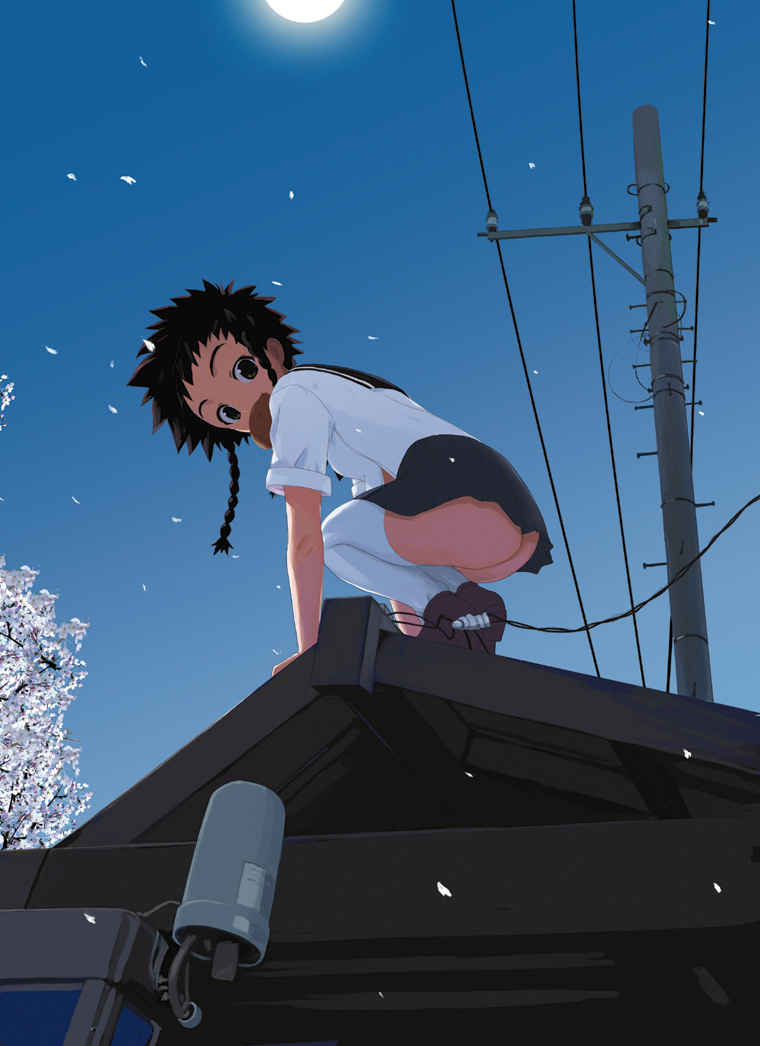 anpan ass black_eyes black_hair braid cherry_blossoms food from_below houmitsu looking_back looking_down minagi_mikoto moon mouth_hold my-hime no_panties petals power_lines rooftop school_uniform solo squatting telephone_pole thighhighs twin_braids white_legwear