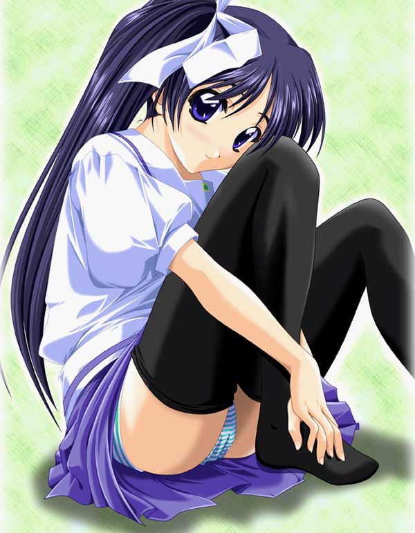 artist_request black_legwear blouse blue_eyes blue_hair blue_skirt green_panties itou_noemi leg_hold long_hair miniskirt panties pantyshot pantyshot_(sitting) ponytail school_uniform side_ponytail sitting skirt solo striped striped_panties thighhighs underwear with_you