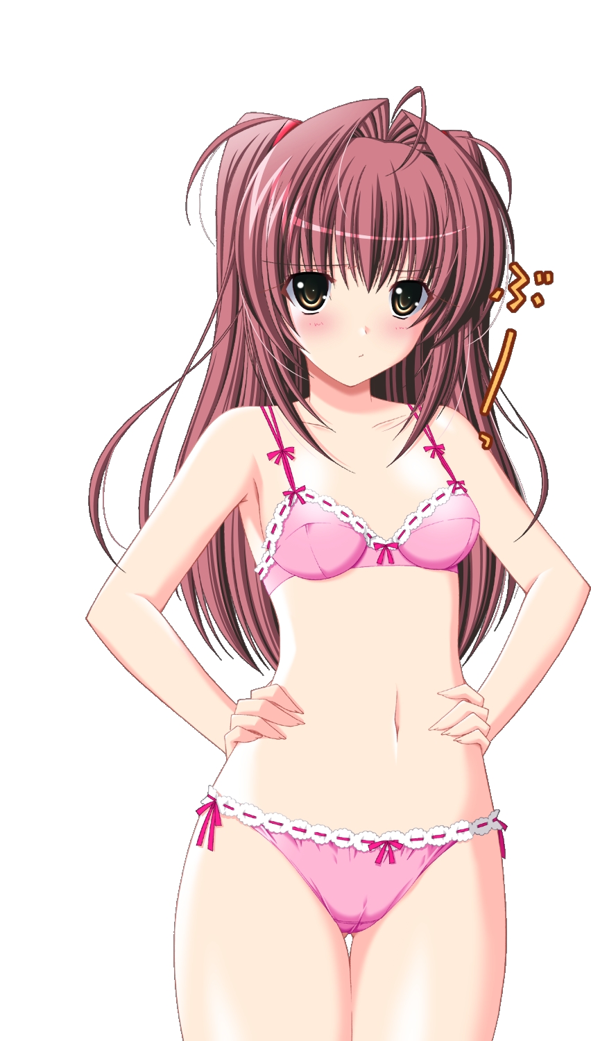 anejiru blush bow bow_bra bow_panties bra breasts cameltoe choco_chip hands_on_hips highres lace lace-trimmed_bra lace-trimmed_panties lingerie long_hair panties pink_bra pink_panties red_hair ribbon scan shirakawa_anzu simple_background small_breasts solo standing tachi-e thigh_gap underwear underwear_only white_background