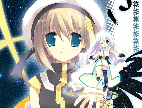 ;d ahoge asymmetrical_legwear beret black_gloves black_wings blue_eyes brown_hair face feathers fingerless_gloves full_body gloves hair_between_eyes hair_ornament hat jewelry jewelry_removed long_hair looking_at_viewer lyrical_nanoha magical_girl mahou_shoujo_lyrical_nanoha mahou_shoujo_lyrical_nanoha_a's minigirl multiple_girls necklace necklace_removed one_eye_closed open_mouth pendant rei_(rei's_room) reinforce_zwei schwertkreuz single_thighhigh smile thighhighs uniform unison upper_body very_long_hair waist_cape white_hair wings x_hair_ornament yagami_hayate