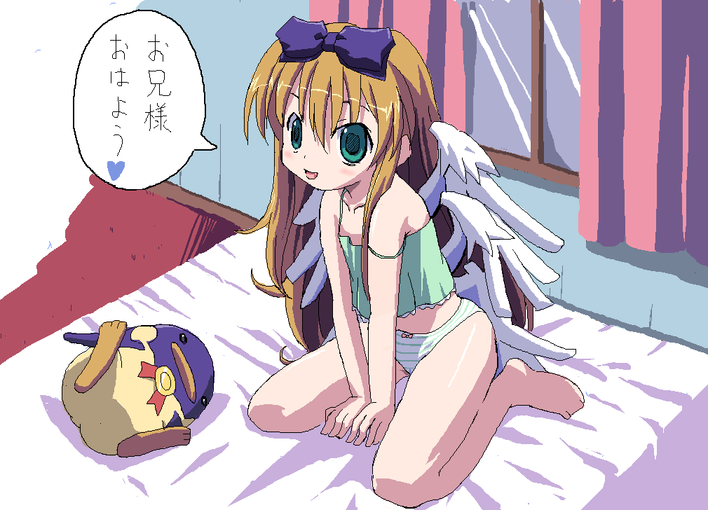 :d angel_wings arm_support artist_request aruma_(shinrabanshou) bangs bare_shoulders barefoot bed blush bow bow_panties brown_hair camisole curtains fang flat_chest green_eyes green_panties hair_between_eyes hair_bow heart indoors leaning_forward long_hair looking_at_viewer midriff multiple_wings oekaki open_mouth panties seiza shinrabanshou sidelocks sitting smile solo speech_bubble spoken_heart strap_slip striped striped_panties stuffed_animal stuffed_penguin stuffed_toy translated underwear underwear_only v_arms very_long_hair white_panties window wings