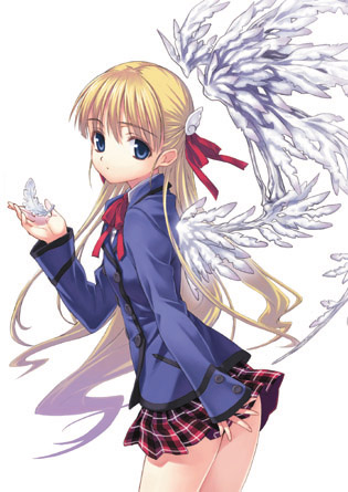 angel blazer blonde_hair blue_eyes copyright_request jacket long_hair long_sleeves lowres matsuryuu school_uniform solo wings