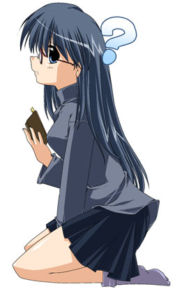 ? artist_request black_hair blue_eyes book character_request copyright_request glasses kneeling long_hair long_sleeves lowres profile skirt socks solo
