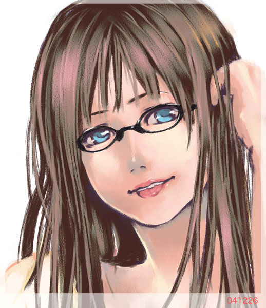 :p artist_request bare_shoulders blue_eyes brown_hair character_request copyright_request glasses long_hair solo tongue tongue_out