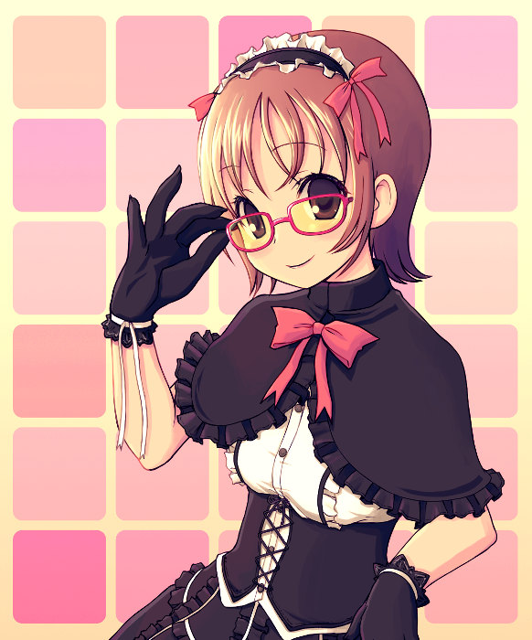 adjusting_eyewear black_gloves black_skirt brown_eyes brown_hair buttons capelet corset cross-laced_clothes frills glasses gloves gothic hairband kimarin lolita_hairband looking_at_viewer original red-framed_eyewear shirt short_hair simple_background skirt solo underbust white_shirt