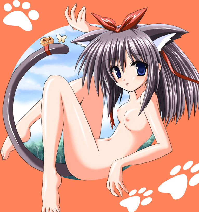 animal_ears bell breasts cat_ears cat_tail copyright_request jingle_bell navel nipples nude solo tail tail_bell tongue tongue_out waiai