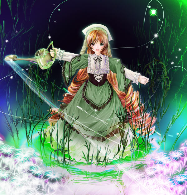 :d artist_request blush cross-laced_clothes dress drill_hair flower frilled_sleeves frills green_dress green_eyes head_scarf heterochromia holding long_hair long_sleeves looking_at_viewer open_mouth plant red_eyes rozen_maiden smile solo suiseiseki twin_drills twintails very_long_hair watering_can