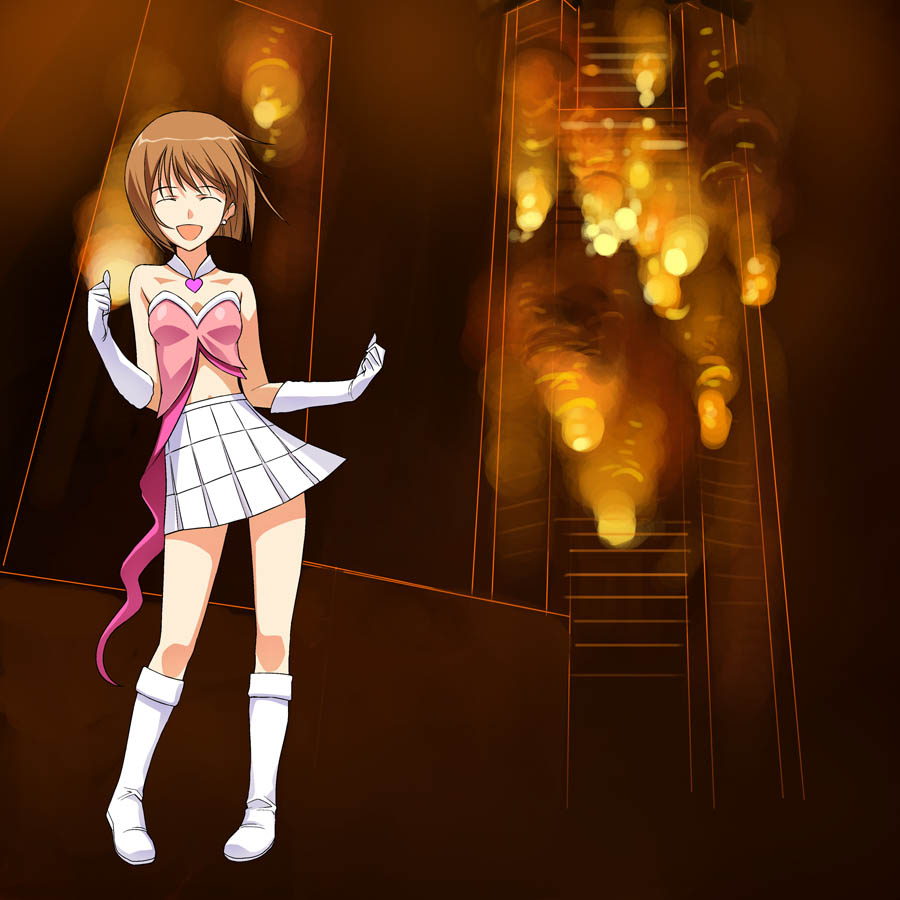 :d ^_^ a1 asymmetrical_clothes bare_shoulders bob_cut boots brown_hair closed_eyes cute_&amp;_girly_(idolmaster) dai_mahou_touge dancing earrings fire gloves hagiwara_yukiho idolmaster idolmaster_(classic) idolmaster_1 jewelry legs open_mouth parody smile snow_strawberry_(idolmaster) solo