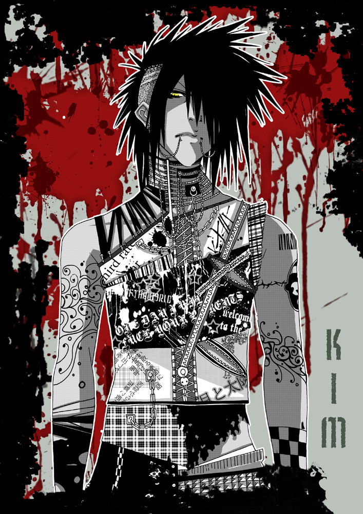 artist_request belt black_hair blood chain checkered earrings fashion frown jewelry lip_piercing male_focus monochrome necklace original piercing punk serious slit_pupils solo spiked_hair spot_color tattoo yellow_eyes zipper