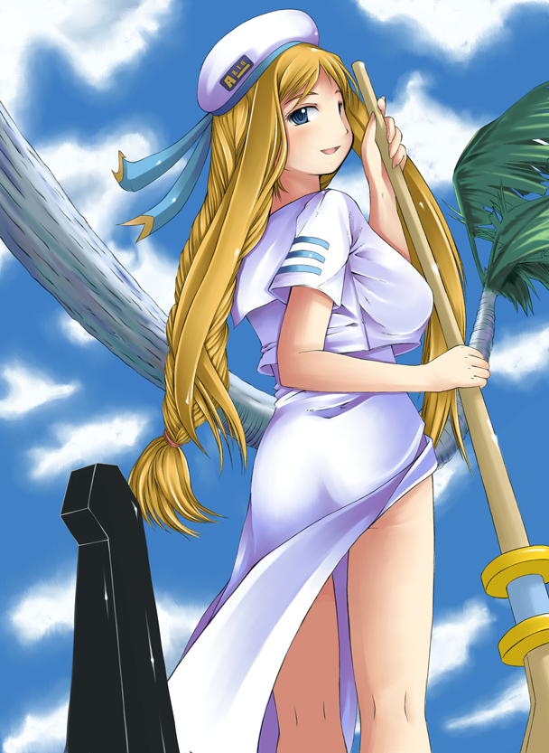 alicia_florence aria ass blonde_hair blue_eyes breasts dress hat large_breasts long_hair misaki_takahiro smile solo uniform