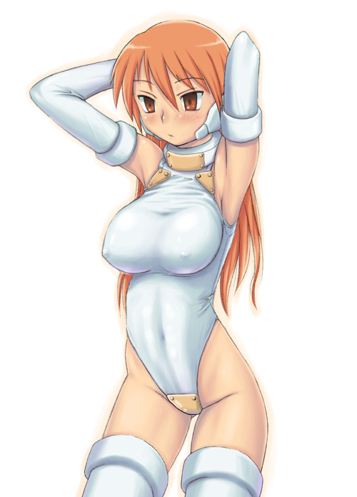 android armpits arms_behind_head arms_up bangs blush breasts covered_navel covered_nipples cowboy_shot crotch_plate empty_eyes hair_between_eyes halterneck highleg highleg_leotard komusou large_breasts leotard long_hair looking_to_the_side orange_eyes orange_hair outline red_hair robot_ears serio solo standing thighhighs to_heart turtleneck white_legwear