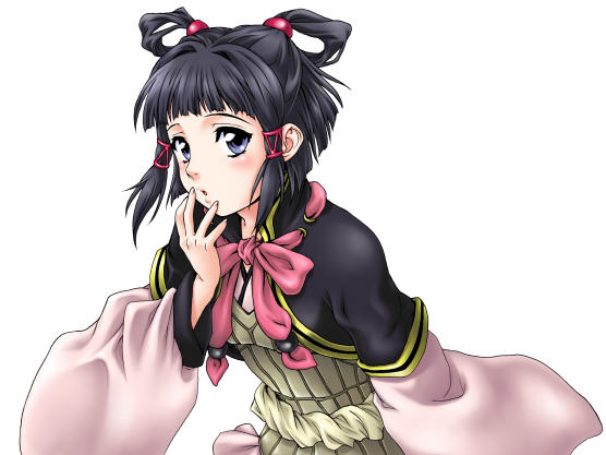 black_hair blush bow flat_chest gensou_suikoden gensou_suikoden_v half_updo iyou japanese_clothes jpeg_artifacts long_sleeves lyon pink_bow purple_eyes short_hair simple_background solo white_background yukkyun