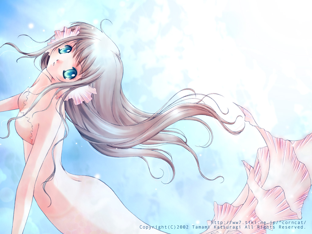 2002 aqua_eyes arched_back artist_name bikini_top brown_hair copyright_request floating_hair frills from_side head_fins katsuragi_tamami long_hair looking_at_viewer mermaid monster_girl parted_lips solo sunlight wallpaper water watermark web_address
